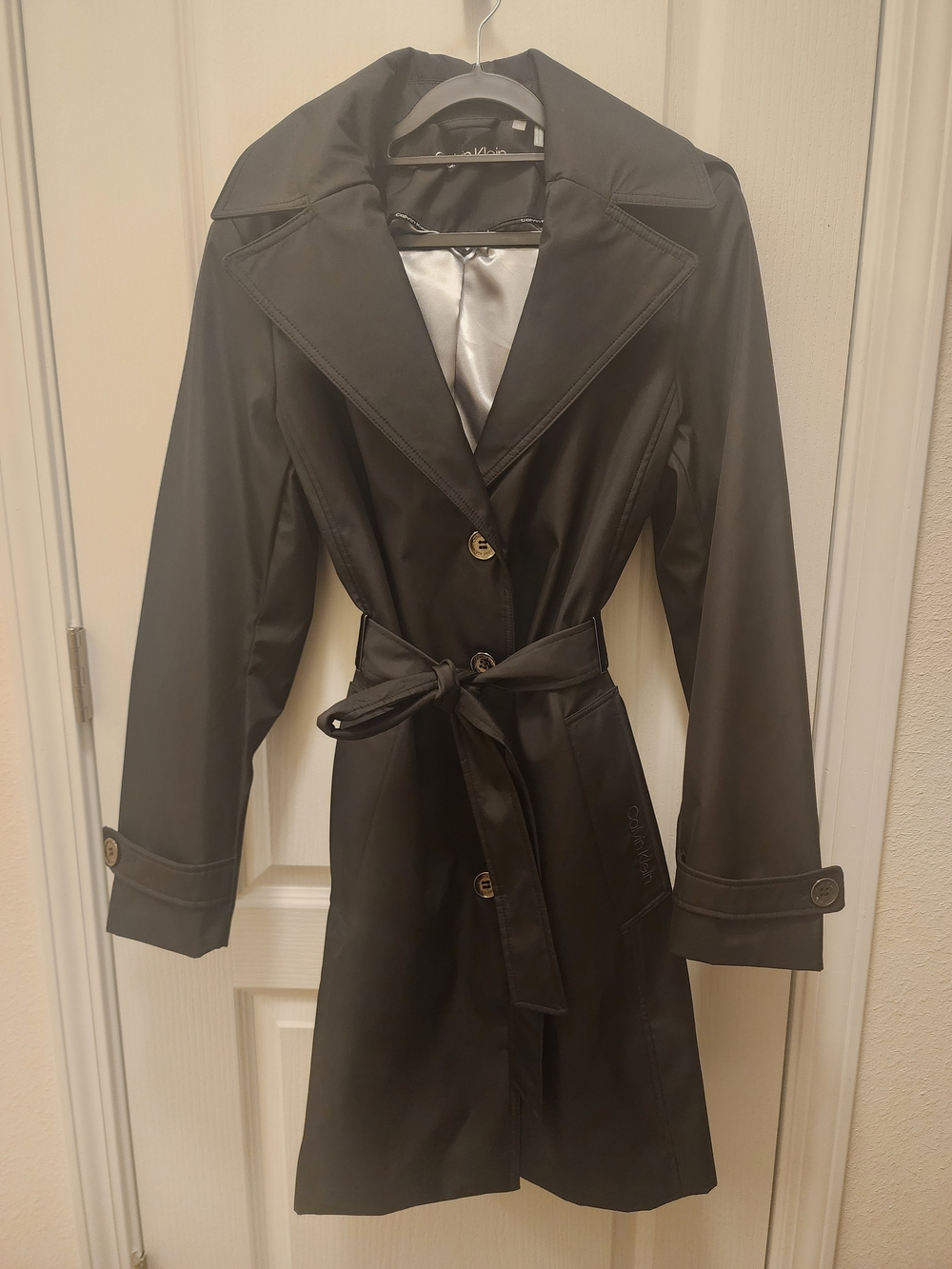 Calvin Klein Women’s L Black Hooded Belted Trench Coat Long Satin Lined